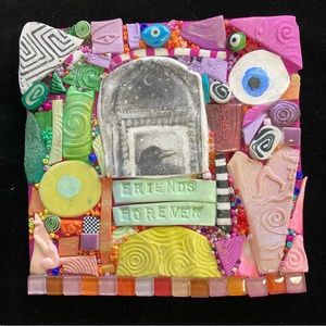 Handmade Mosaic Art “ Friends Forever “Polymer Clay Original On Wood 6”x6”